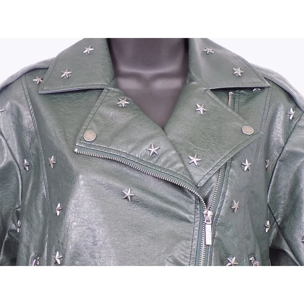 Faux Leather Jacket Dark Green Women Size XS Collection b Star Studded NWT - Picture 2 of 10
